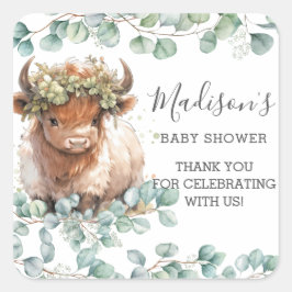 Adesivo Quadrado Chic Greenery Cute Highland Cow Obrigado