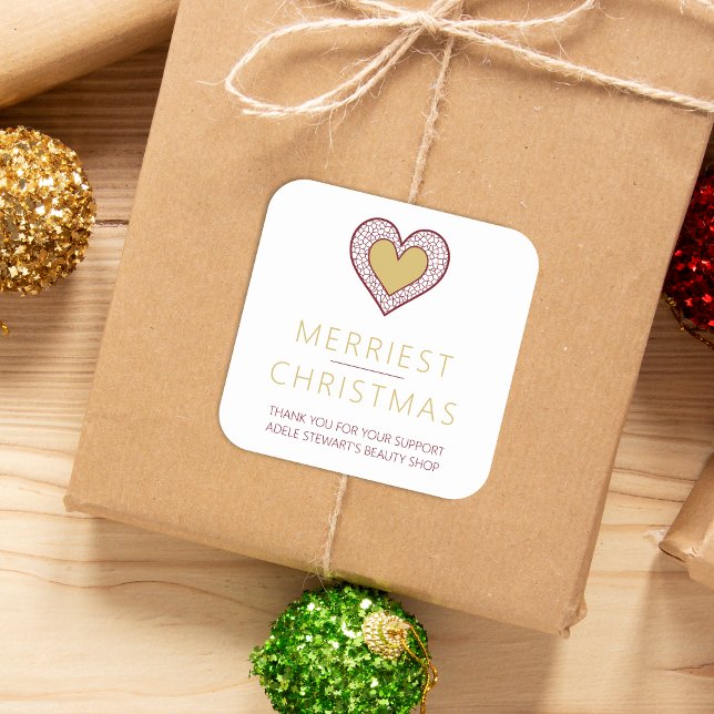 Adesivo Quadrado Chic Merry Christmas Gold Heart Lace Effect Thanks (Chic Merry Christmas Fake Golden Heart Lace Effect Thanks Supporting Small Business Square Sticker.)