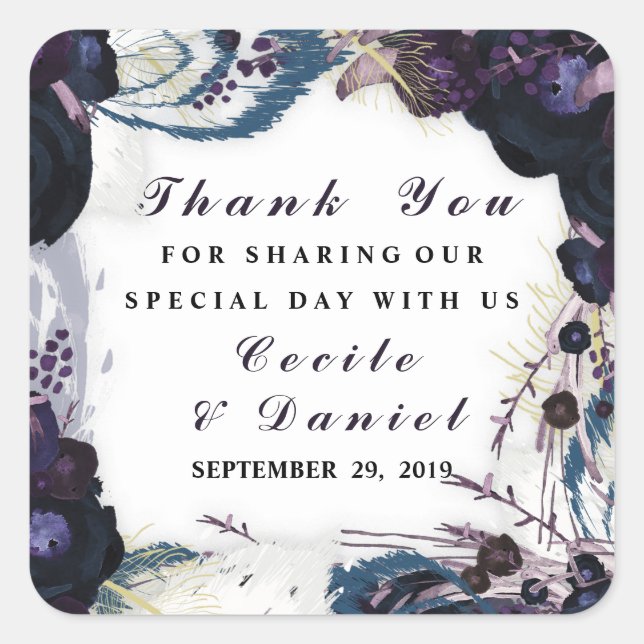 Adesivo Quadrado Chic Purple Floral Casamento no inverno Obrigado P (Frente)