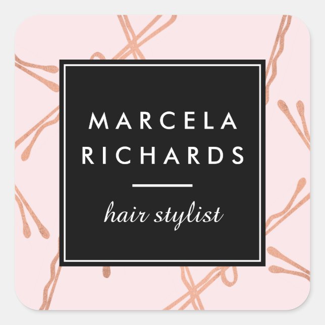 Adesivo Quadrado Chic Rosa Dourado Bobby Pins Hair Stylist Salon Ro (Frente)
