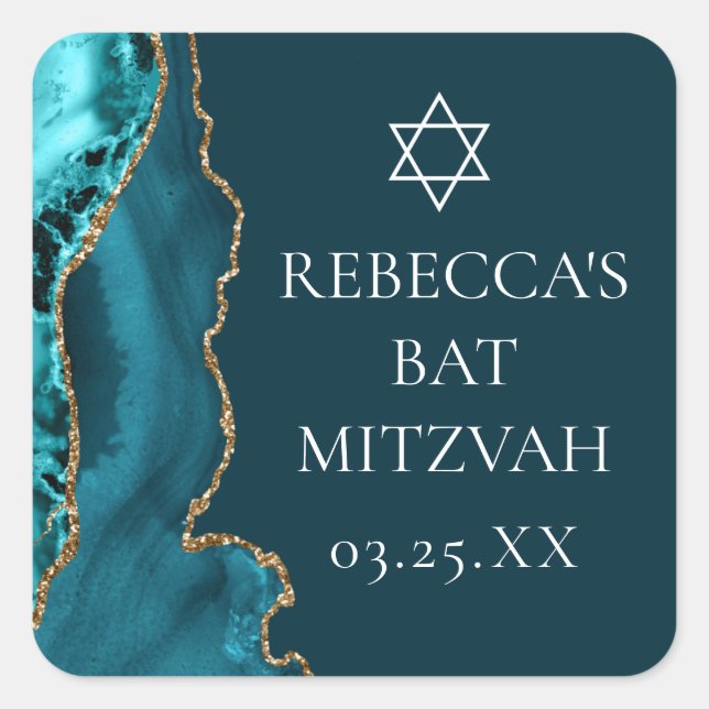 Adesivo Quadrado Chic Teal Dourado Agate Bat Mitzvah (Frente)