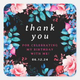 Adesivo Quadrado Chic Watercolor Floral Birday Obrigado Black
