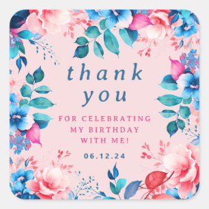 Adesivo Quadrado Chic Watercolor Floral Birthday Obrigado Blush
