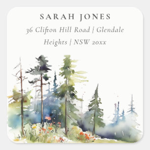 Adesivo Quadrado Chic Watercolor Pine Forest Landscape