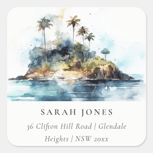 Adesivo Quadrado Chic Watercolor Seascape Palm Tree Island Address (Frente)