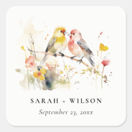 Adesivo Quadrado Chic Wild Botanical Watercolor Love Birds Casament