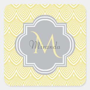Adesivo Quadrado Chic Yellow Art Deco Scallops Cinza Nome do Monogr