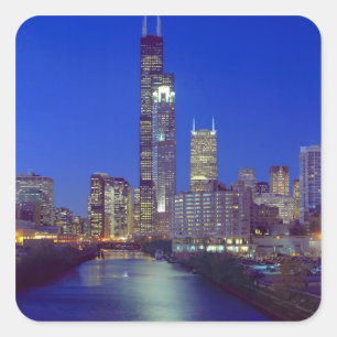 Adesivo Quadrado Chicago, Illinois, Skyline à noite com Chicago