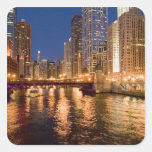 Adesivo Quadrado Chicago, Illinois, Skyline e Chicago River às 2