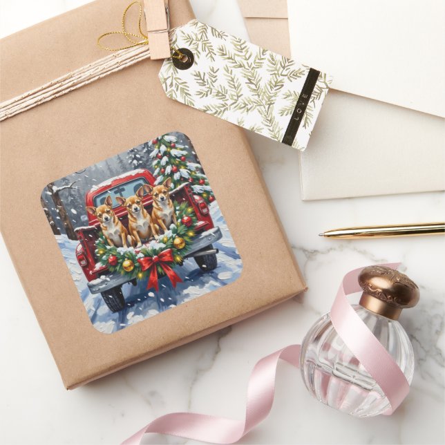 Adesivo Quadrado Chihuahua Christmas Red Truck Holiday (Presentear)