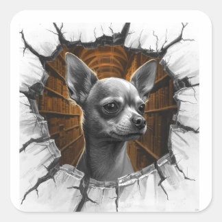 Adesivo Quadrado Chihuahua Peers Through A Grey Wooden Wall