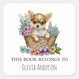 Adesivo Quadrado chihuahua Puppy no Floral Basket Este livro perten