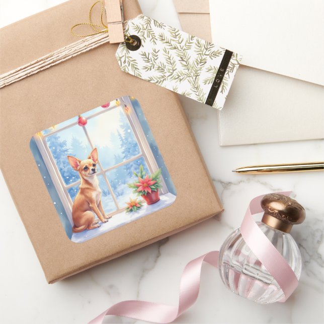 Adesivo Quadrado Chihuahua Snowy Windowsill Holiday Christmas Art (Presentear)