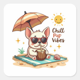 Adesivo Quadrado Chill Pup Vibes Kawaii Bulldog Beach