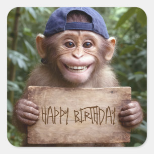 Adesivo Quadrado Chimpanzé segurando um cartão de Feliz Aniversário