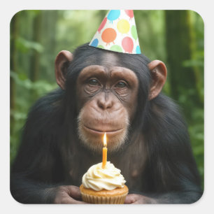 Adesivo Quadrado Chimpanzé segurando um Cupcake de aniversário