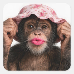 Adesivo Quadrado Chimpanzé Usando Batom Rosa