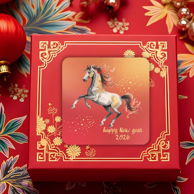 Adesivo Quadrado Chinese New Year 2026 Horse New Year Party (Criador carregado)
