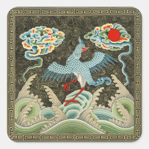 Adesivo Quadrado Chinoiserie padrão de Garça Dourada e Onda do Mar