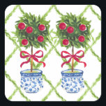 Adesivo Quadrado Chinoiserie Topiary Red Christmas<br><div class="desc">Adicione este adesivo fofo aos seus cartões de natal!</div>