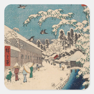 Adesivo Quadrado Chinoiserie Ukiyo-e Paisagem Japonesa de Inverno c