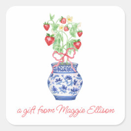 Adesivo Quadrado Chinoiserie Vase de Morangos Vermelhos