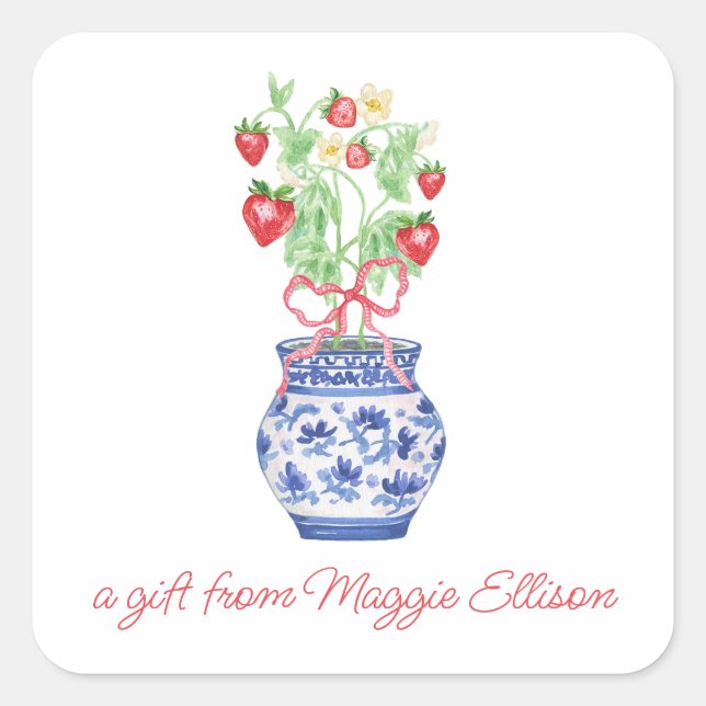 Adesivo Quadrado Chinoiserie Vase de Morangos Vermelhos (Frente)