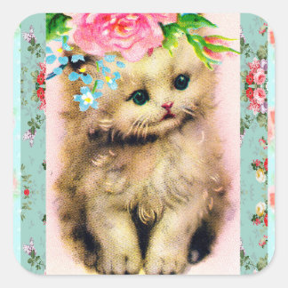 Adesivo Quadrado Chique Floral Vintage Little Kitten Stickers