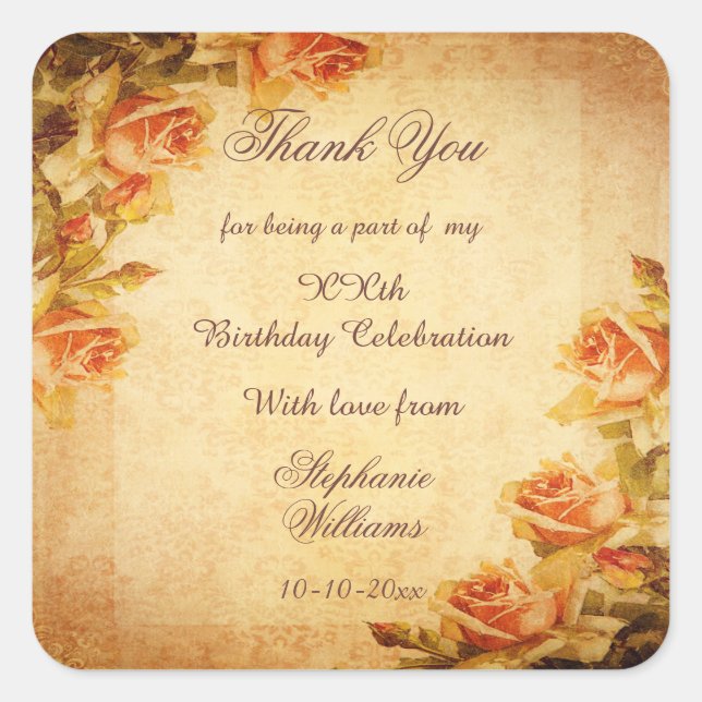 Adesivo Quadrado Chique Vintage Damask Peach Rosa Aniversário (Frente)