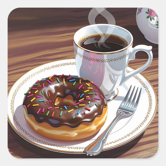 Adesivo Quadrado Chocolate Frosted Donut and Coffee  (Frente)