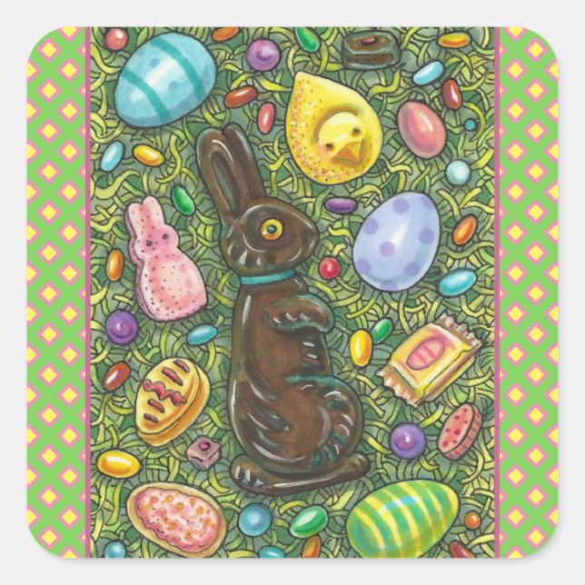 ADESIVO QUADRADO CHOCOLATE LESTE BUNNY, PINTINHO, OVOS, JELLY BEANS (Frente)
