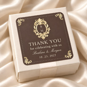 Adesivo Quadrado Chocolate Marrom Barroco Dourado Casamento Obrigad
