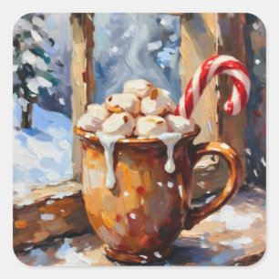 Adesivo Quadrado Chocolate Quente de Natal com Marshmallows Tostado