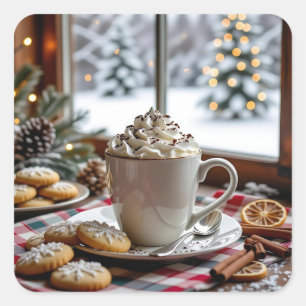 Adesivo Quadrado Chocolate Quente e Biscoitos de Açúcar Natal Festi