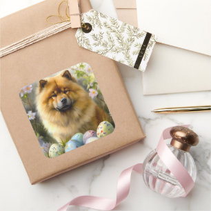 Adesivo Quadrado Chow Chow com Ovos de Páscoa Feriado