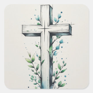 Adesivo Quadrado Christian Cross with Watercolor Branches Sticker