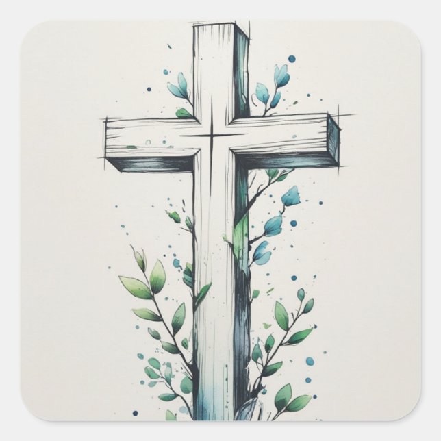 Adesivo Quadrado Christian Cross with Watercolor Branches Sticker (Frente)