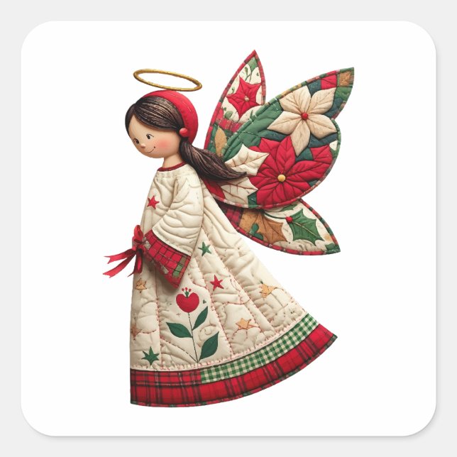 Adesivo Quadrado Christmas Angel with Holiday Flowers (Frente)
