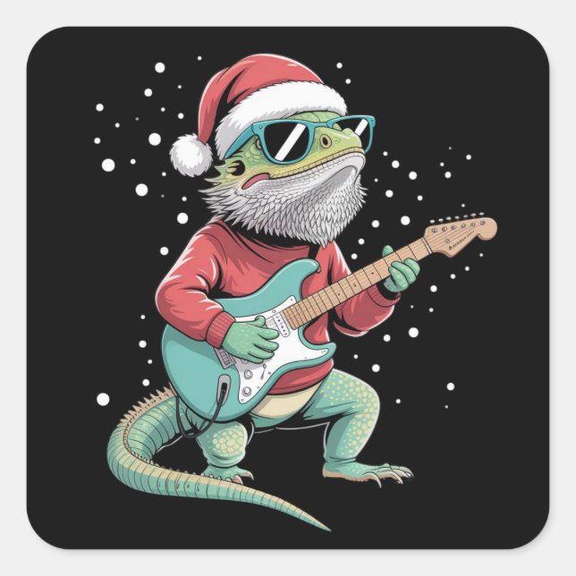 Adesivo Quadrado Christmas Bearded Dragon Playing Guitar Musician  (Frente)