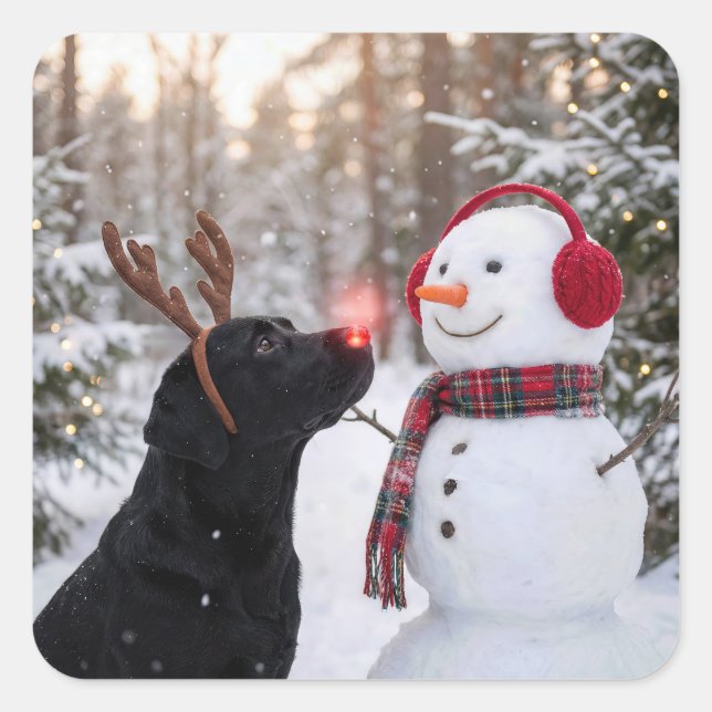 Adesivo Quadrado Christmas Black Labrador Retriever with Snowman (Frente)