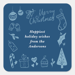 Adesivo Quadrado Christmas Blue Cute Festive Hand Drawn Doodles
