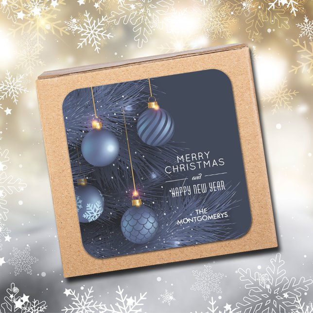 Adesivo Quadrado Christmas Blue Ornaments (Blue Christmas tree and blue ornaments square stickers)