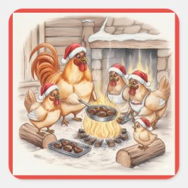 Adesivo Quadrado Christmas Chickens Roasting Chestnuts, Stickers