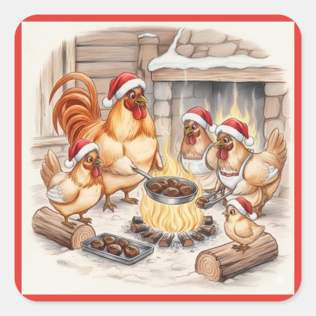 Adesivo Quadrado Christmas Chickens Roasting Chestnuts, Stickers (Frente)