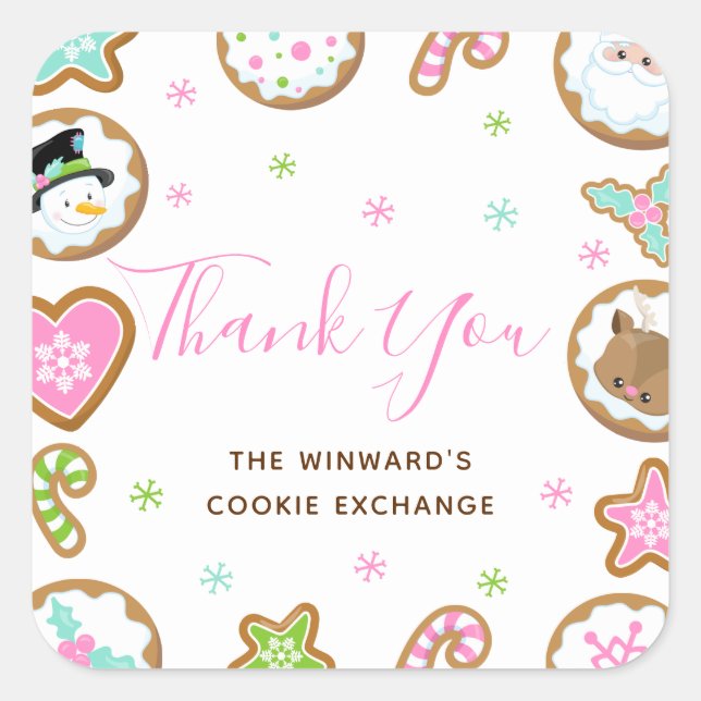 Adesivo Quadrado Christmas Cookie Exchange Party Pink Thank You (Frente)