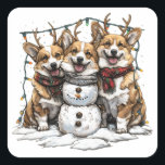 Adesivo Quadrado Christmas Corgi Dogs Snowman<br><div class="desc">Ótima ilustração dos cães Corgi vestidos para o Natal. Perfeito para amantes de animais de estimação ou pais de cães durante o feriado.</div>
