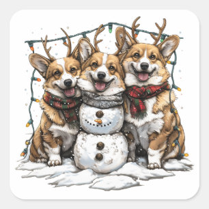 Adesivo Quadrado Christmas Corgi Dogs Snowman
