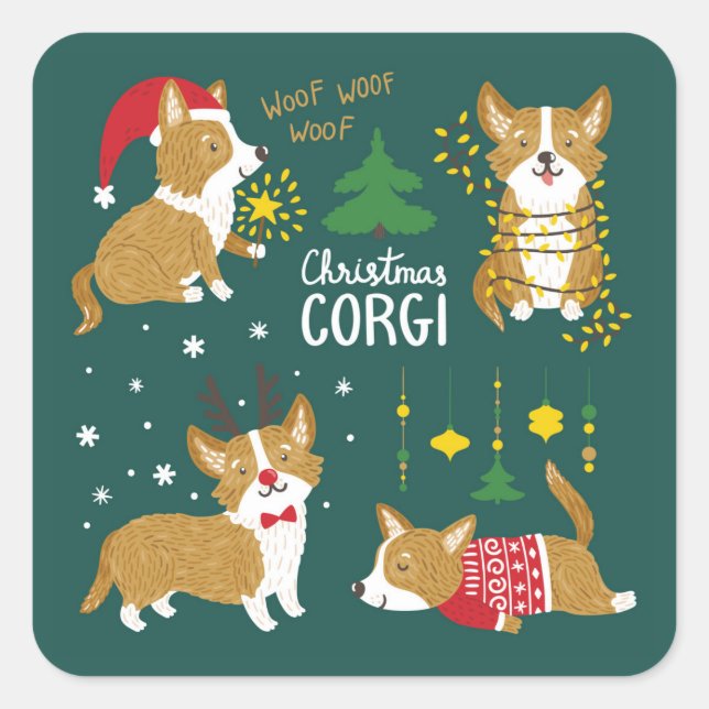 Adesivo Quadrado Christmas Corgi | Woof Woof (Frente)