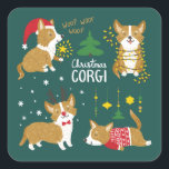Adesivo Quadrado Christmas Corgi | Woof Woof<br><div class="desc">Imagem de Beskova Ekaterina | Estoque de calor. ID da imagem: 664024699 | Este design de feriado apresenta quatro córgis em várias poses bonitas.</div>