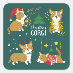 Adesivo Quadrado Christmas Corgi Woof Woof